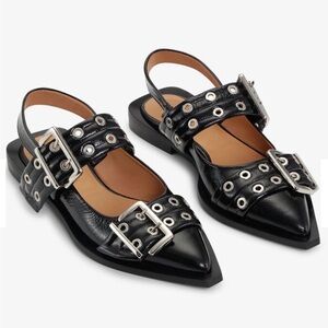 Ganni Black Slingback Flats with Silver Buckles